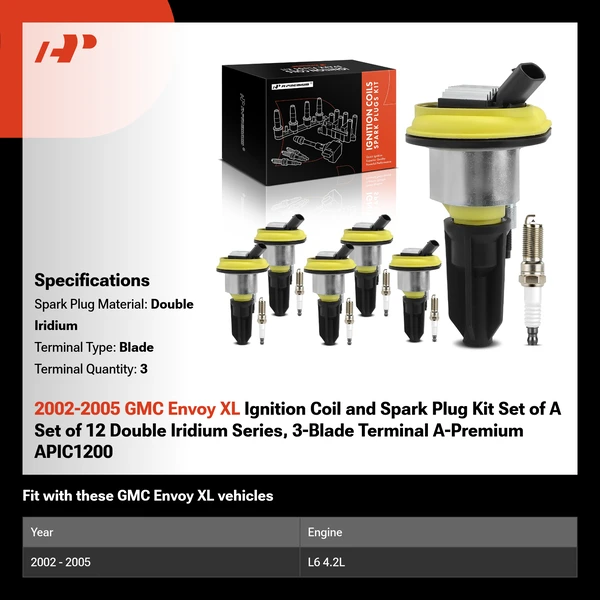 2002-2005 GMC Envoy XL Ignition Coil and Spark Plug Kit Set of A Set of 12 Double Iridium Series, 3-Blade Terminal A-Premium APIC1200