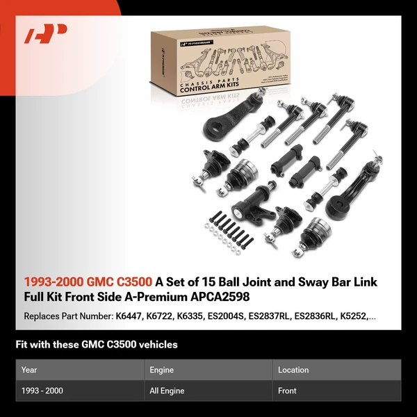 1993-2000 GMC C3500 A Set of 15 Ball Joint and Sway Bar Link Full Kit Front Side A-Premium APCA2598