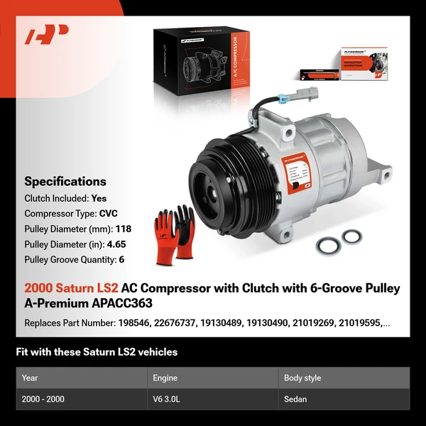 2000 Saturn LS2 AC Compressor with Clutch with 6-Groove Pulley A-Premium APACC363