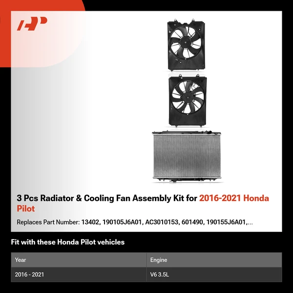 3 Pcs Radiator & Cooling Fan Assembly Kit for 2016-2021 Honda Pilot