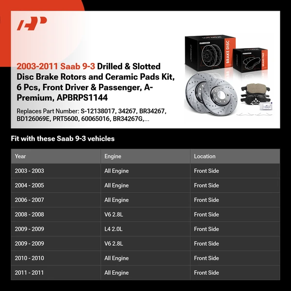 2003-2011 Saab 9-3 Drilled & Slotted Disc Brake Rotors and Ceramic Pads Kit, 6 Pcs, Front Driver & Passenger, A-Premium, APBRPS1144