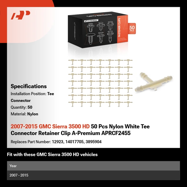 2007-2015 GMC Sierra 3500 HD 50 Pcs Nylon White Tee Connector Retainer Clip A-Premium APRCF2455