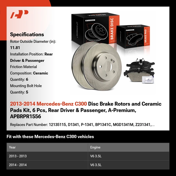 2013-2014 Mercedes-Benz C300 Disc Brake Rotors and Ceramic Pads Kit, 6 Pcs, Rear Driver & Passenger, A-Premium, APBRPR1556