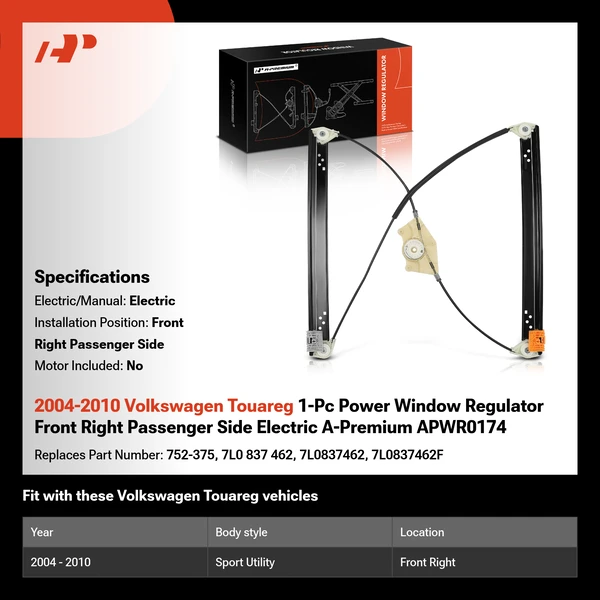2004-2010 Volkswagen Touareg 1-Pc Power Window Regulator Front Right Passenger Side Electric A-Premium APWR0174
