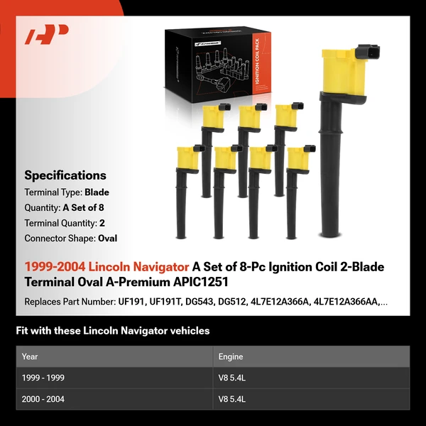 1999-2004 Lincoln Navigator A Set of 8-Pc Ignition Coil 2-Blade Terminal Oval A-Premium APIC1251