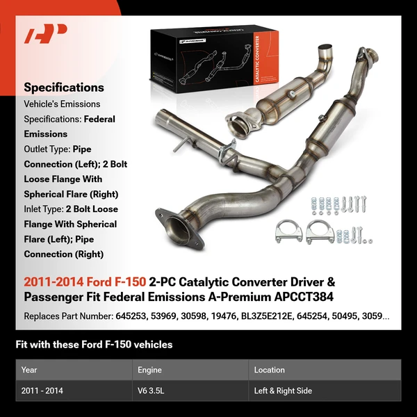 2011-2014 Ford F-150 2-PC Catalytic Converter Driver & Passenger Fit Federal Emissions A-Premium APCCT384