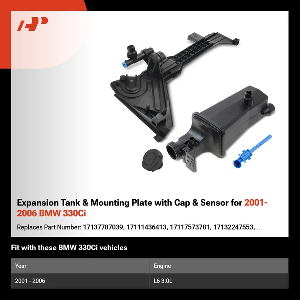 Expansion Tank & Mounting Plate with Cap & Sensor for 2001-2006 BMW 330Ci