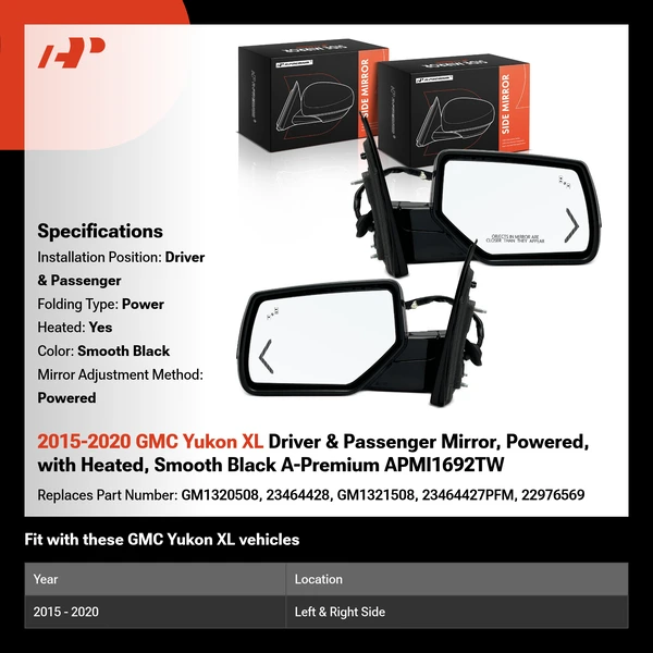 2015-2020 GMC Yukon XL Driver & Passenger Mirror, Powered, with Heated, Smooth Black A-Premium APMI1692TW