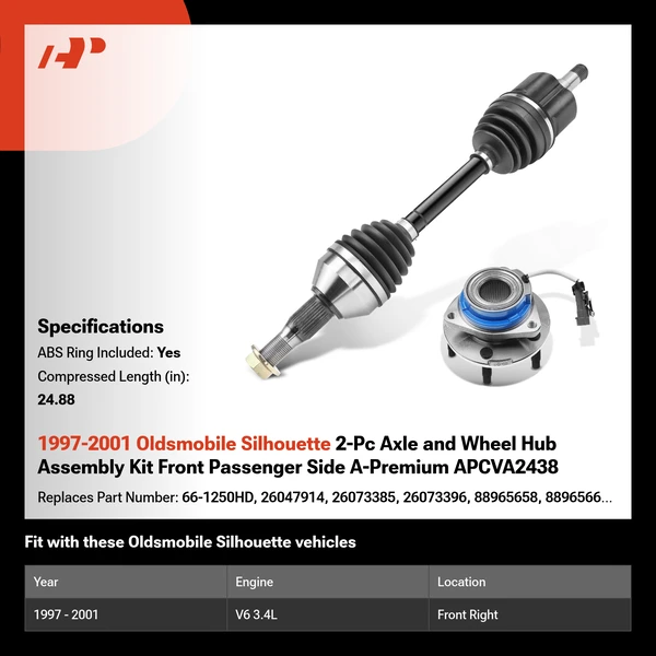 1997-2001 Oldsmobile Silhouette 2-Pc Axle and Wheel Hub Assembly Kit Front Passenger Side A-Premium APCVA2438