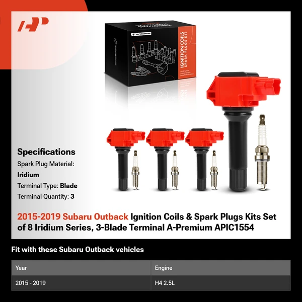 2015-2019 Subaru Outback Ignition Coils & Spark Plugs Kits Set of 8 Iridium Series, 3-Blade Terminal A-Premium APIC1554