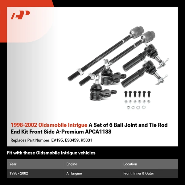 1998-2002 Oldsmobile Intrigue A Set of 6 Ball Joint and Tie Rod End Kit Front Side A-Premium APCA1188