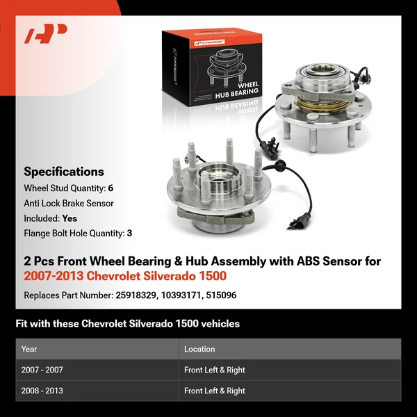2 Pcs Front Wheel Bearing & Hub Assembly with ABS Sensor for 2007-2013 Chevrolet Silverado 1500