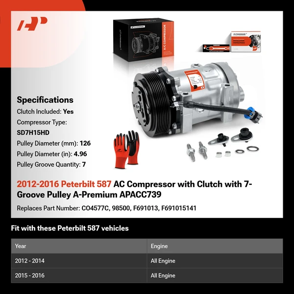 2012-2016 Peterbilt 587 AC Compressor with Clutch with 7-Groove Pulley A-Premium APACC739
