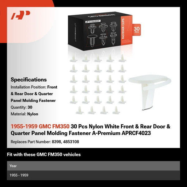 1955-1959 GMC FM350 30 Pcs Nylon White Front & Rear Door & Quarter Panel Molding Fastener A-Premium APRCF4023