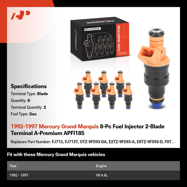 1992-1997 Mercury Grand Marquis 8-Pc Fuel Injector 2-Blade Terminal A-Premium APFI185