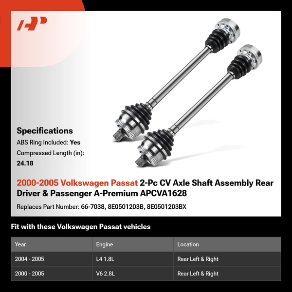 2000-2005 Volkswagen Passat 2-Pc CV Axle Shaft Assembly Rear Driver & Passenger A-Premium APCVA1628