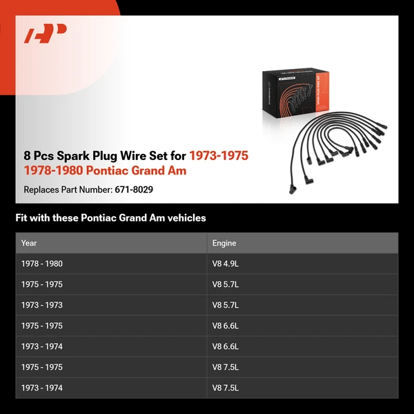 8 Pcs Spark Plug Wire Set for 1973-1975 1978-1980 Pontiac Grand Am