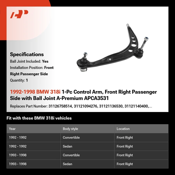 1992-1998 BMW 318i 1-Pc Control Arm, Front Right Passenger Side with Ball Joint A-Premium APCA3531