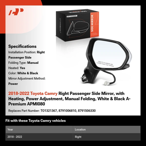 2018-2022 Toyota Camry Right Passenger Side Mirror, with Heating, Power Adjustment, Manual Folding, White & Black A-Premium APMI080