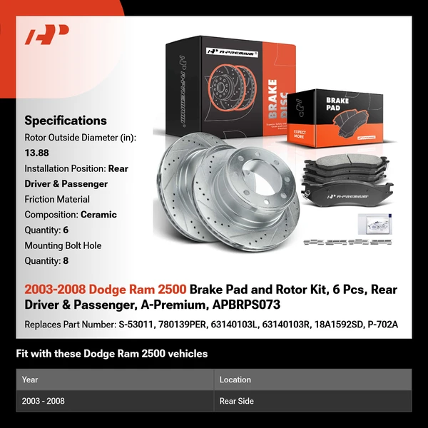 2003-2008 Dodge Ram 2500 Brake Pad and Rotor Kit, 6 Pcs, Rear Driver & Passenger, A-Premium, APBRPS073