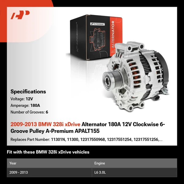 2009-2013 BMW 328i xDrive Alternator 180A 12V Clockwise 6-Groove Pulley A-Premium APALT155