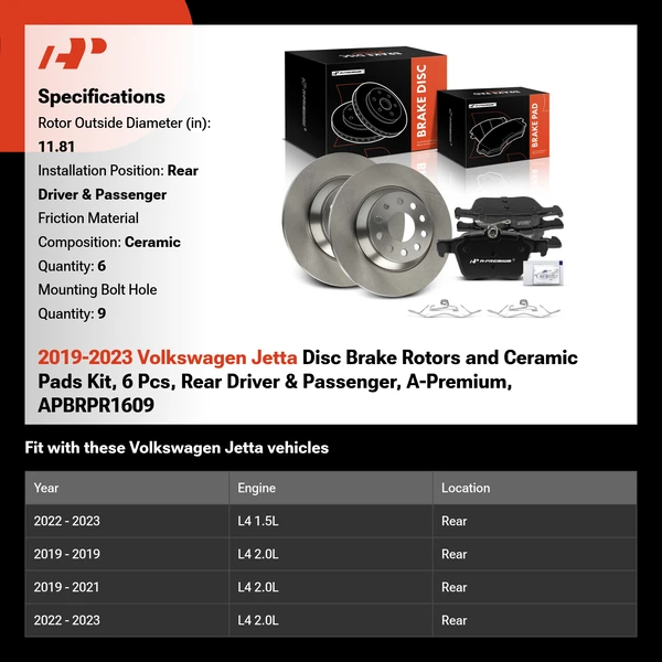 2019-2023 Volkswagen Jetta Disc Brake Rotors and Ceramic Pads Kit, 6 Pcs, Rear Driver & Passenger, A-Premium, APBRPR1609