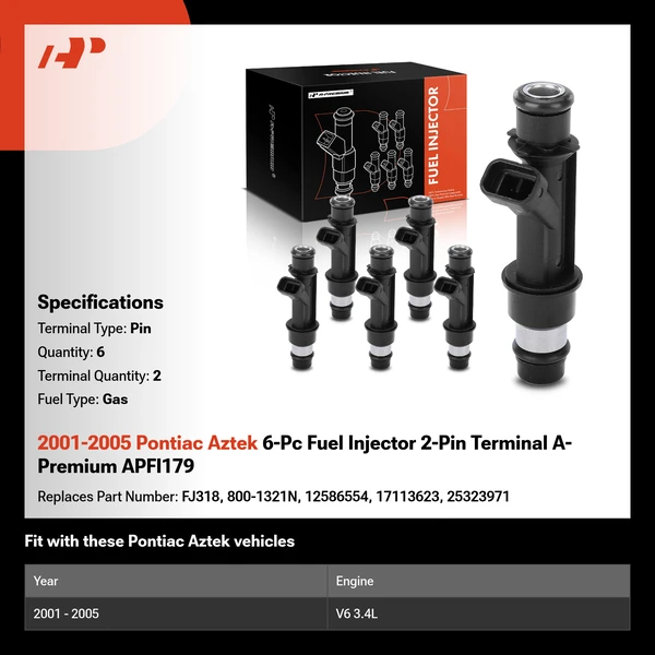 2001-2005 Pontiac Aztek 6-Pc Fuel Injector 2-Pin Terminal A-Premium APFI179