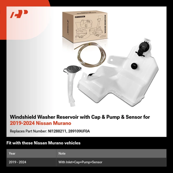 Windshield Washer Reservoir with Cap & Pump & Sensor for 2019-2024 Nissan Murano