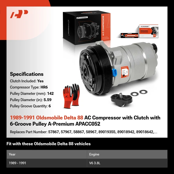 1989-1991 Oldsmobile Delta 88 AC Compressor with Clutch with 6-Groove Pulley A-Premium APACC052