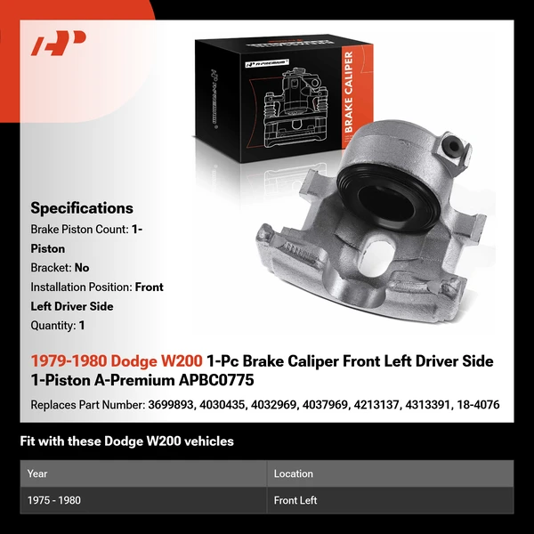1979-1980 Dodge W200 1-Pc Brake Caliper Front Left Driver Side 1-Piston A-Premium APBC0775