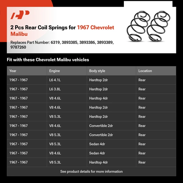 2 Pcs Rear Coil Springs for 1967 Chevrolet Malibu