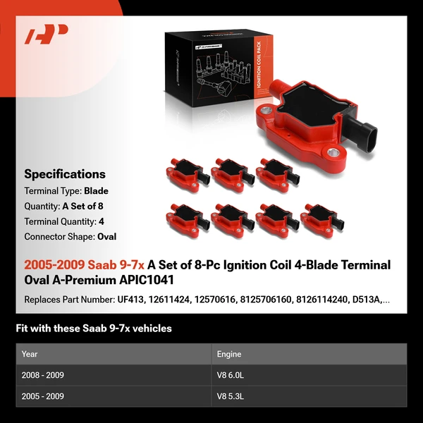 2005-2009 Saab 9-7x A Set of 8-Pc Ignition Coil 4-Blade Terminal Oval A-Premium APIC1041