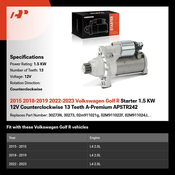 2015 2018-2019 2022-2023 Volkswagen Golf R Starter 1.5 KW 12V Counterclockwise 13 Teeth A-Premium APSTR242