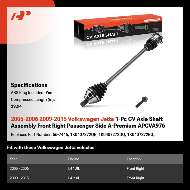 2005-2006 2009-2015 Volkswagen Jetta 1-Pc CV Axle Shaft Assembly Front Right Passenger Side A-Premium APCVA976