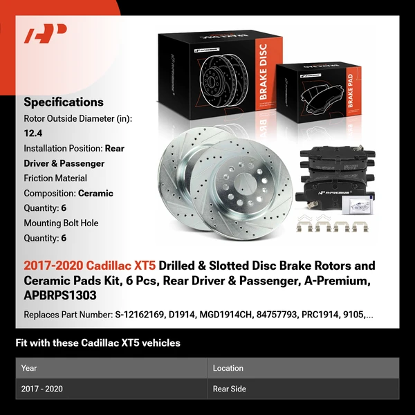 2017-2020 Cadillac XT5 Drilled & Slotted Disc Brake Rotors and Ceramic Pads Kit, 6 Pcs, Rear Driver & Passenger, A-Premium, APBRPS1303