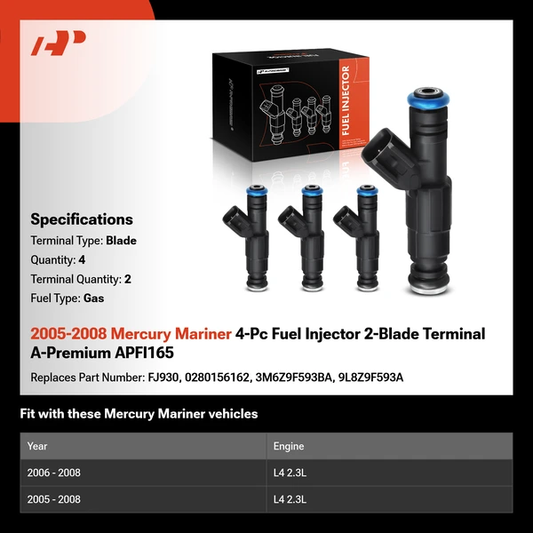 2005-2008 Mercury Mariner 4-Pc Fuel Injector 2-Blade Terminal A-Premium APFI165