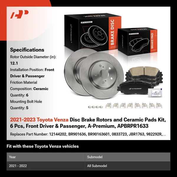 2021-2023 Toyota Venza Disc Brake Rotors and Ceramic Pads Kit, 6 Pcs, Front Driver & Passenger, A-Premium, APBRPR1633