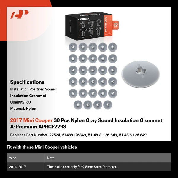 2017 Mini Cooper 30 Pcs Nylon Gray Sound Insulation Grommet A-Premium APRCF2298