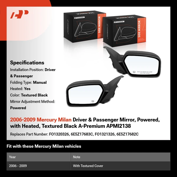 2006-2009 Mercury Milan Driver & Passenger Mirror, Powered, with Heated, Textured Black A-Premium APMI2138