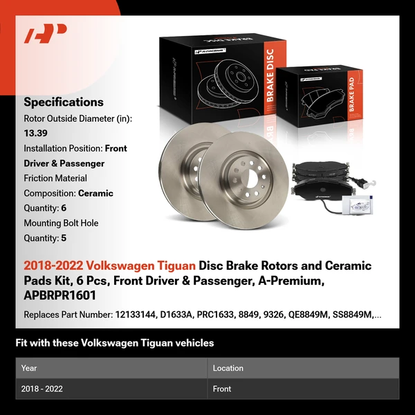 2018-2022 Volkswagen Tiguan Disc Brake Rotors and Ceramic Pads Kit, 6 Pcs, Front Driver & Passenger, A-Premium, APBRPR1601