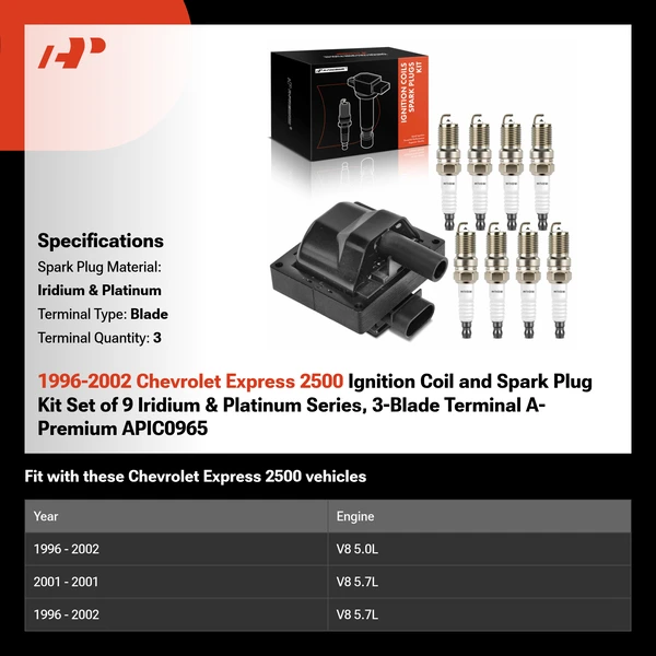 1996-2002 Chevrolet Express 2500 Ignition Coil and Spark Plug Kit Set of 9 Iridium & Platinum Series, 3-Blade Terminal A-Premium APIC0965