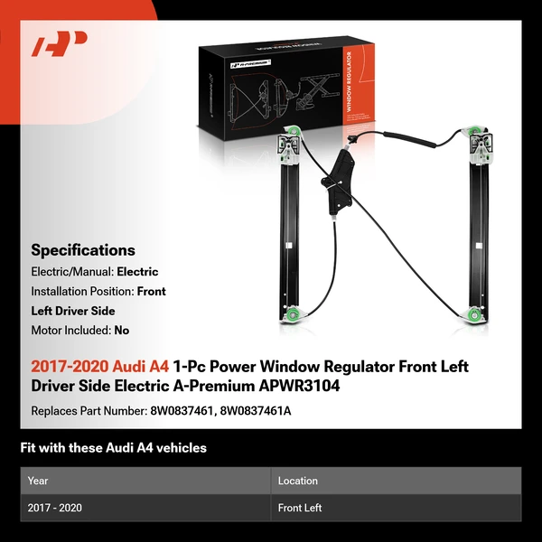 2017-2020 Audi A4 1-Pc Power Window Regulator Front Left Driver Side Electric A-Premium APWR3104