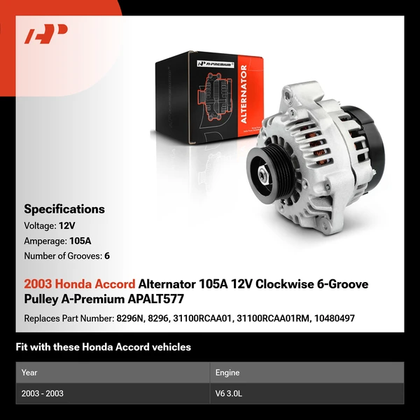 2003 Honda Accord Alternator 105A 12V Clockwise 6-Groove Pulley A-Premium APALT577