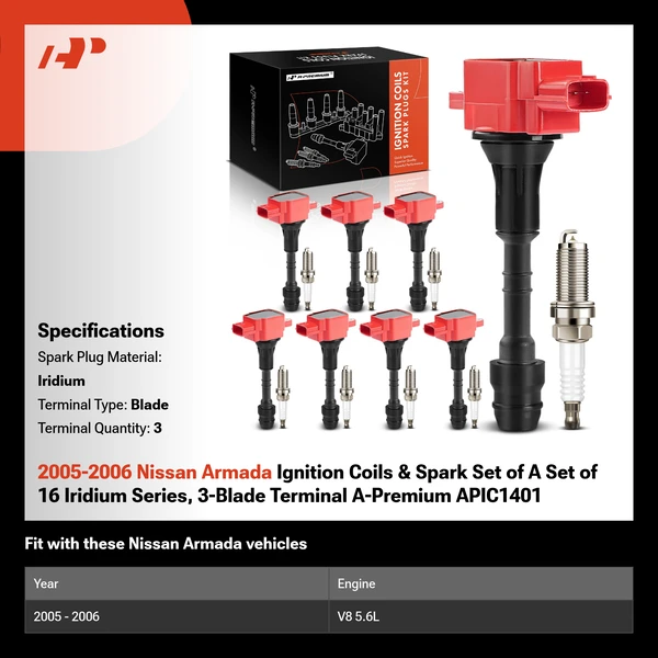 2005-2006 Nissan Armada Ignition Coils & Spark Set of A Set of 16 Iridium Series, 3-Blade Terminal A-Premium APIC1401