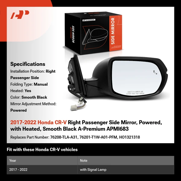 2017-2022 Honda CR-V Right Passenger Side Mirror, Powered, with Heated, Smooth Black A-Premium APMI683