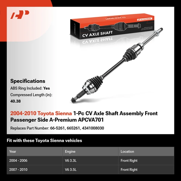 2004-2010 Toyota Sienna 1-Pc CV Axle Shaft Assembly Front Passenger Side A-Premium APCVA701
