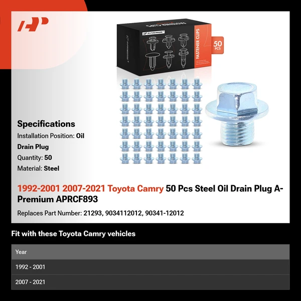 1992-2001 2007-2021 Toyota Camry 50 Pcs Steel Oil Drain Plug A-Premium APRCF893