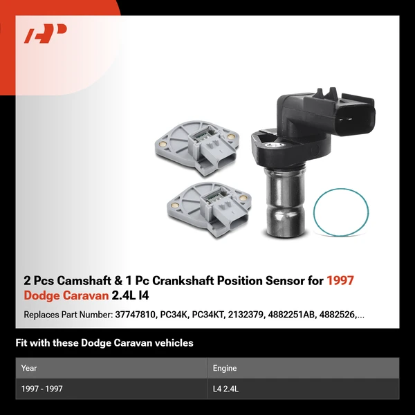 2 Pcs Camshaft & 1 Pc Crankshaft Position Sensor for 1997 Dodge Caravan 2.4L l4