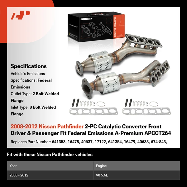 2008-2012 Nissan Pathfinder 2-PC Catalytic Converter Front Driver & Passenger Fit Federal Emissions A-Premium APCCT264