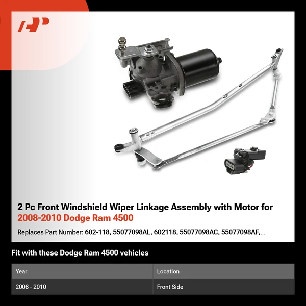2 Pc Front Windshield Wiper Linkage Assembly with Motor for 2008-2010 Dodge Ram 4500